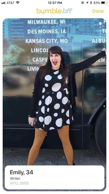 I settled on this Bumble BFF profile pic because I thought my tights made me look fun?
