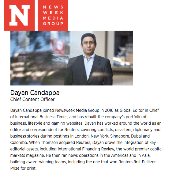 Dayan Candappa is one of seven employees listed as part of Newsweek Media Group's "executive team" on the company's website.