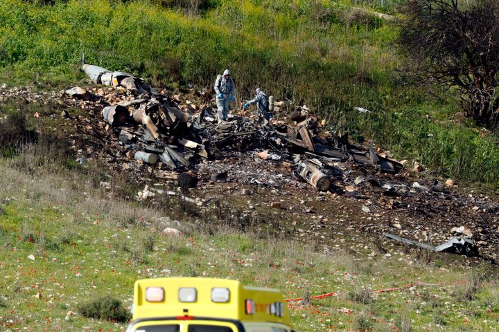 A picture taken in the northern Israeli Kibbutz of Harduf on February 10, 2018, shows the remains of an Israel F-16 that crashed after coming under fire by Syrian air defences during attacks against 'Iranian targets' in the war-torn country. / AFP PHOTO / Jack GUEZ (Photo credit should read JACK GUEZ/AFP/Getty Images)