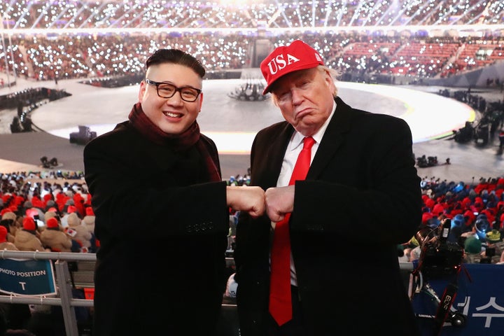 PYEONGCHANG-GUN, SOUTH KOREA - FEBRUARY 09: Impersonators of Donald Trump and Kim Jong Un pose during the Opening Ceremony of the PyeongChang 2018 Winter Olympic Games at PyeongChang Olympic Stadium on February 9, 2018 in Pyeongchang-gun, South Korea. (Photo by Ryan Pierse/Getty Images)