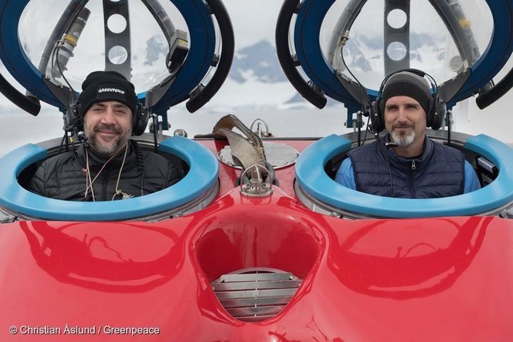 Actor Javier Bardem about to take the plunge with submersible pilot John Hocevar.