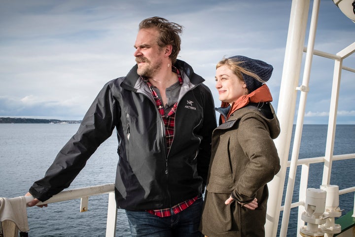 Actors David Harbour and Alison Sudol aboard Arctic Sunrise.