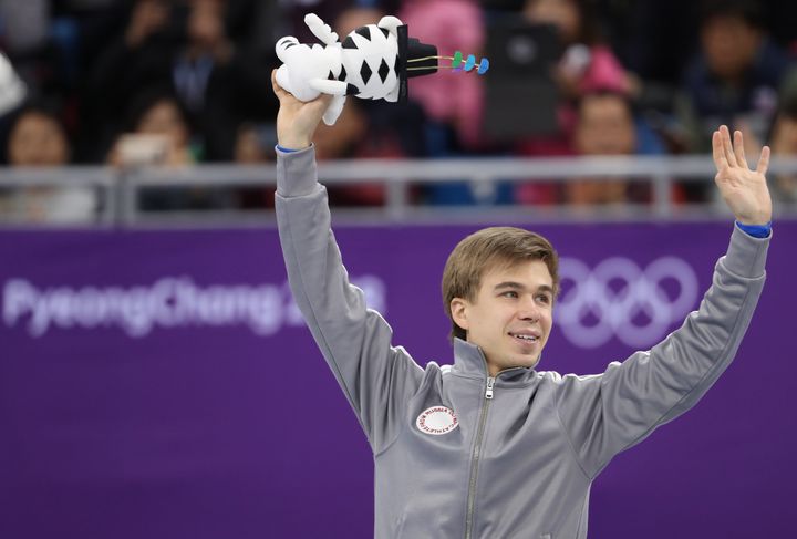 Semen Elistratov of Russia reacts after clinching the bronze medal in the men’s 1500m short track speed skating competition at the 2018 Winter Olympics.