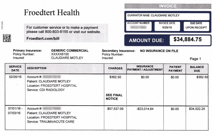  Una de las facturas del hospital de Motley, por un total de $ 34,885. 