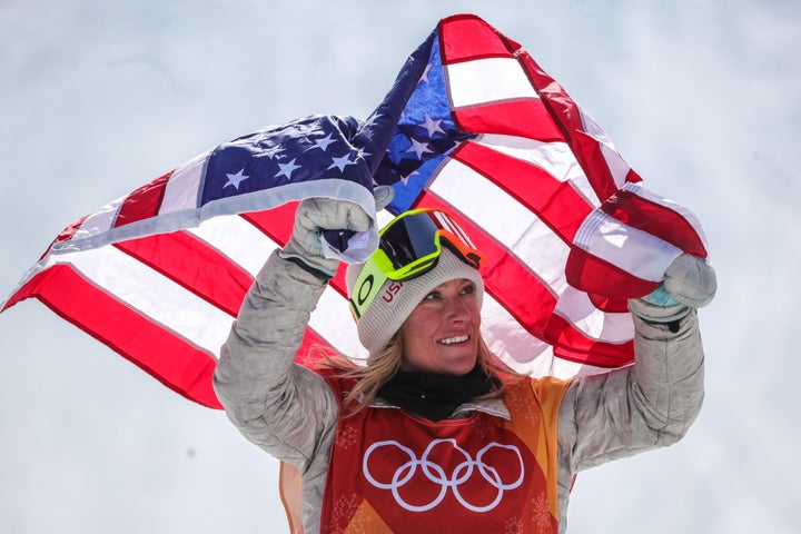 Jamie Anderson celebrates her victory Monday.