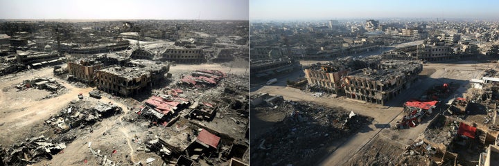 This combination of pictures shows a general view of the destruction in Mosul's Old City on July 9, 2017, left, and the same view on January 8, 2018, six months after Iraqi forces seized the country's second city from Islamic State group jihadists.