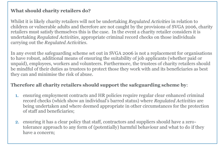 A screenshot of the safeguarding guidance note re-issued to charity shop bosses on Monday