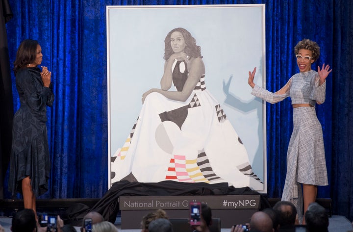 Michelle Obama and artist Amy Sherald unveil the former first lady's official portrait at the National Portrait Gallery.