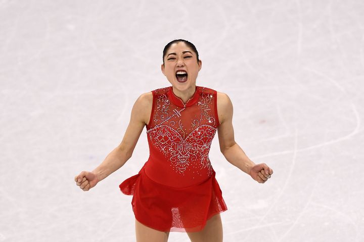 Mirai Nagasu gives herself a well-deserved cheer after her performance in the figure skating team event at the 2018 Winter Olympics.