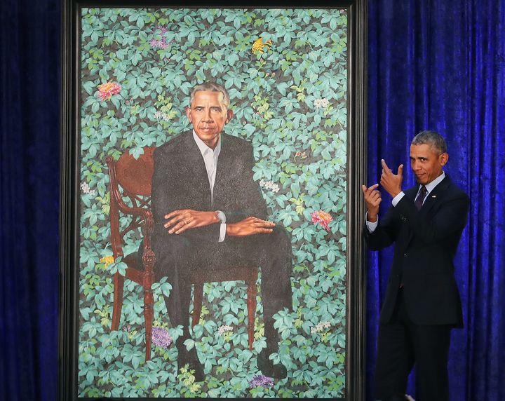 Barack Obama's portrait by Kehinde Wiley in further detail.