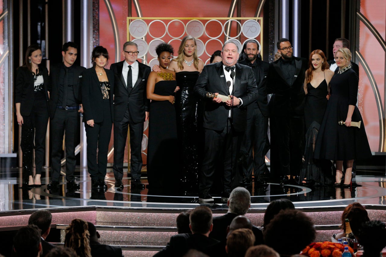 Bruce Miller accepts the award for Best Television Series, Drama for Hulu's "The Handmaid's Tale" in January.