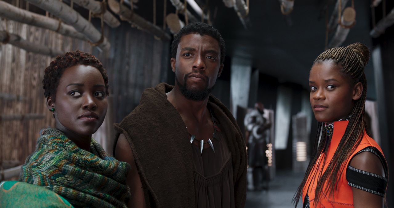 Lupita Nyong'o, Chadwick Boseman and Letitia Wright in "Black Panther."