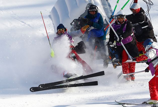 Austria's Matthias Mayer crashed into media personnel during the men's alpine combined event on Tuesday.