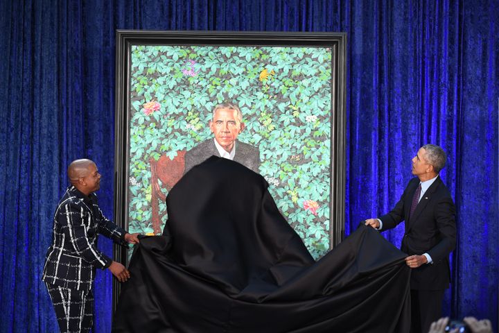 Artist Kehinde Wiley and former President Barack Obama unveil his presidential portrait.