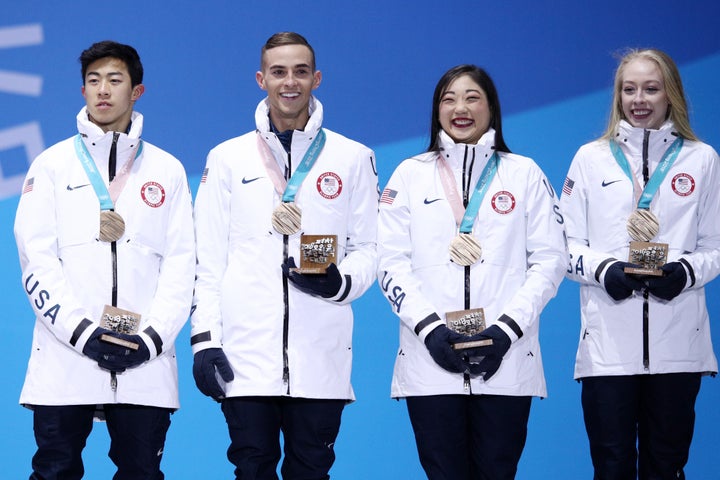 Nathan Chen, Adam Rippon, Mirai Nagasu and Bradie Tennell won bronze for Team USA in the figure skating team event.