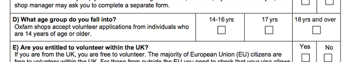 'What age group do you fall into?': Oxfam's shop volunteer application form