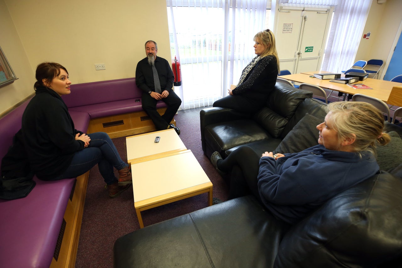 <strong>HuffPost UK reporter Rachel Wearmouth inside Thorntree Community Hub with Gavin Rawlings, Linda Kime and Jackie Webb</strong>