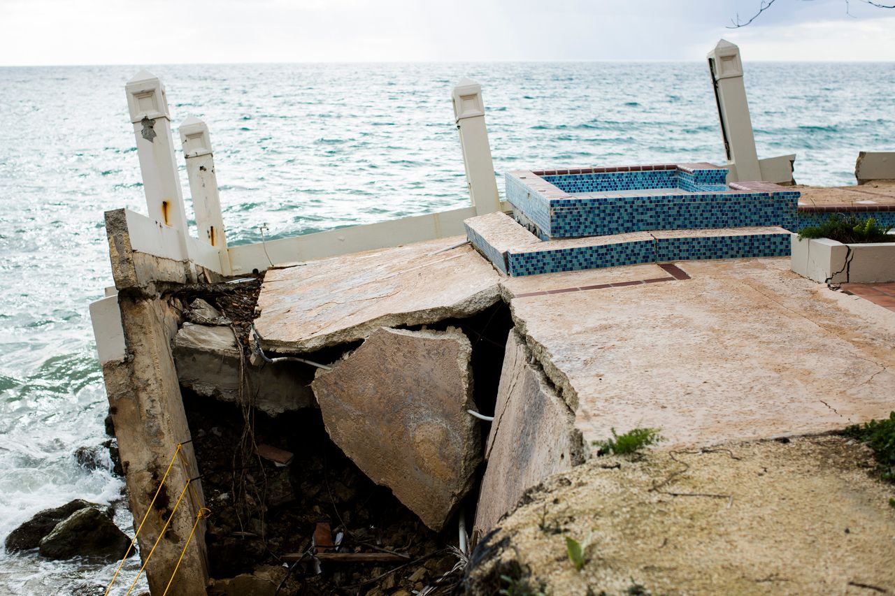 The front porch of the Tres Sirenas Beach Inn, destroyed by Hurricane Maria.