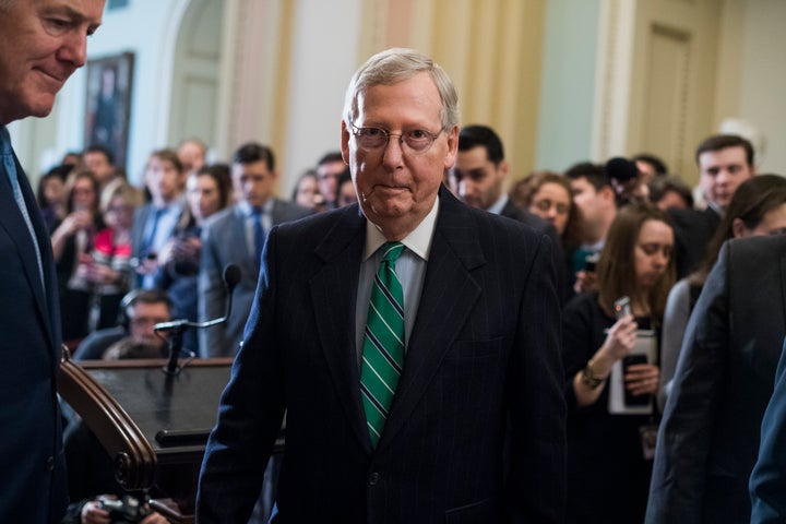 Senate Majority Leader Mitch McConnell (R-Ky.) and Majority Whip John Cornyn (R-Texas) at the conclusion of a news conference on Feb. 13, 2018.