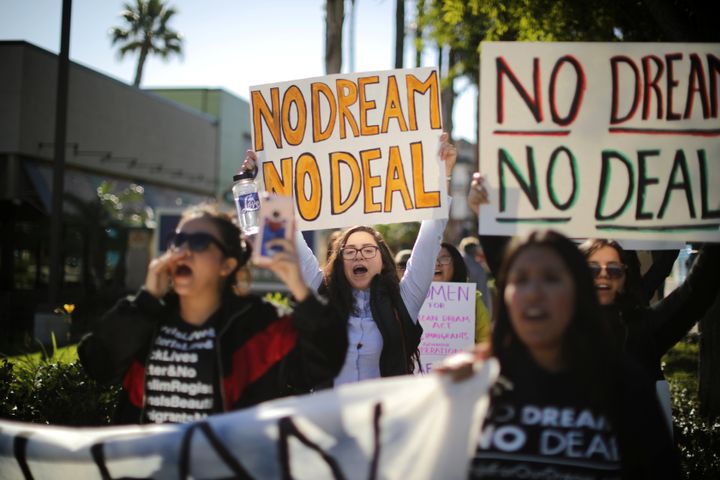 DACA recipients and their supporters call for renewal of the program outside Disneyland in Anaheim, California, on Jan. 22, 2018.