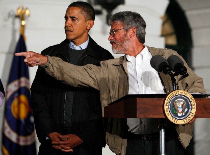 Former U.S. President Barack Obama with White House science adviser John Holdren in 2009.