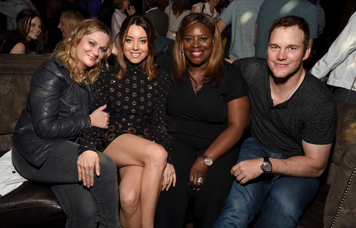 Amy Poehler, Aubrey Plaza, Retta, and Chris Pratt at the premiere of "Ingrid Goes West."