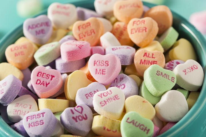 Lovey-dovey candy hearts. But what if your mom wrote what's printed on them?