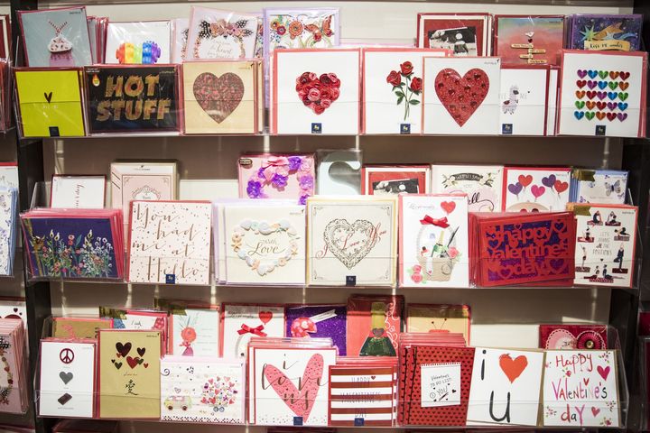 Valentine's Day cards on display in a store at Union Station in Washington, D.C.