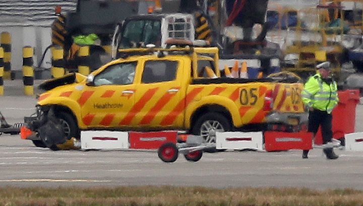 The accident occurred at Heathrow Airport at around 6am on Wednesday. Pictured is one of the vehicles involved 