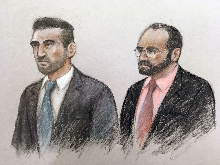 Court artist sketch of Vincent Tappu (left) and Mujahid Arshid in the dock of the Old Bailey.