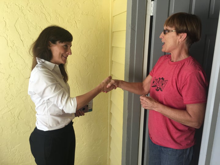 Democrat Margaret Good campaigns for votes in Sarasota, Florida, on Feb. 12, 2018.