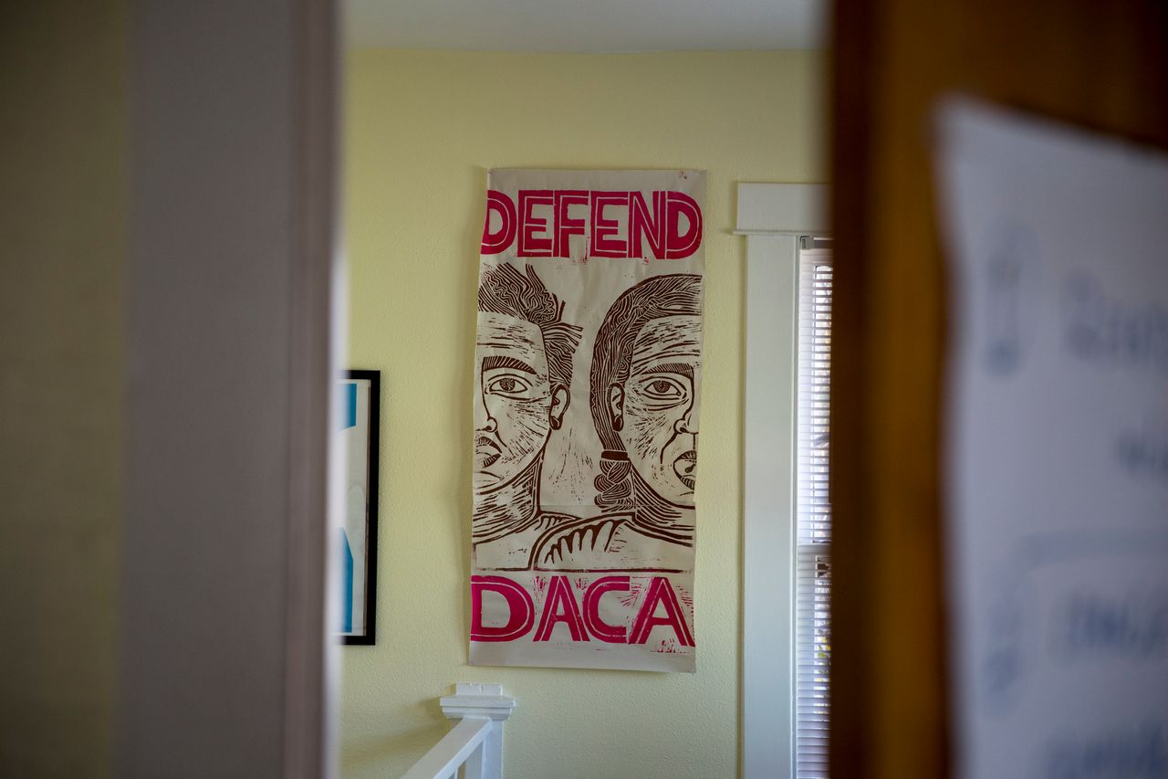 A sign at the Grassroots Leadership office, designed by Nicolás González-Medina, calls for the defense of DACA, the Obama-era program that gives undocumented immigrants who arrived as children protection from deportation and allows them to work legally.