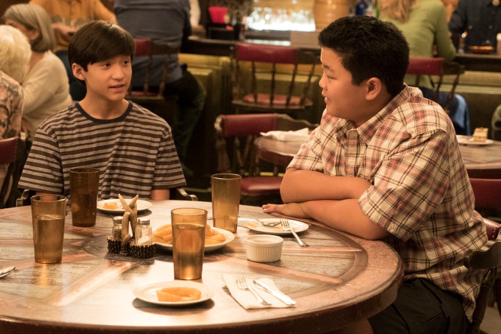 Forrest Wheeler and Hudson Yang on the set of