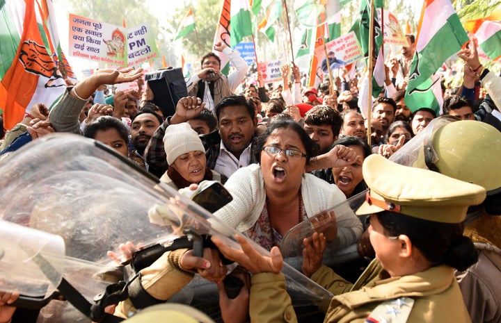 A protest in January 2017 against the withdrawal of high-value bank notes. Activists called for the removal of withdrawal limits on money and no transaction charges for cashless payments.