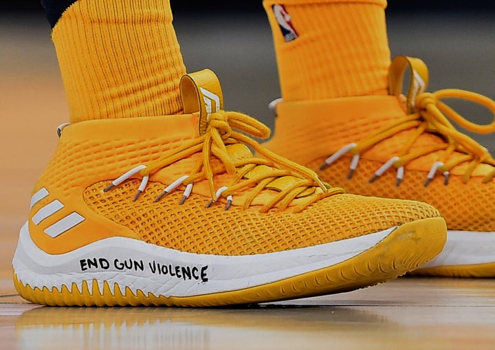 Shoes worn by Donovan Mitchell of the Utah Jazz during the second half of a game against the Phoenix Suns at Vivint Smart Home Arena on February 14, 2018, in Salt Lake City.