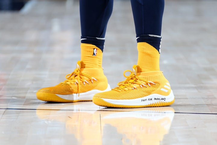 The sneakers of Donovan Mitchell of the Utah Jazz during the game against the Phoenix Suns on February 14, 2018, at Vivint Smart Home Arena in Salt Lake City.