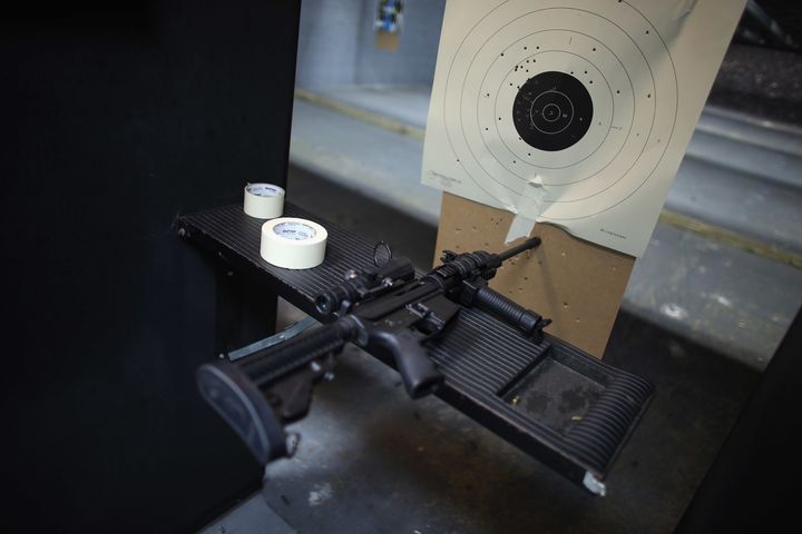 An AR-15 semi-automatic rifle at an indoor gun range in Pompano Beach, Florida.