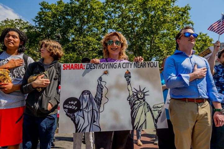 Participants in the "March Against Sharia" rally in Manhattan in June 2017, organized by the anti-Muslim hate group Act for America.