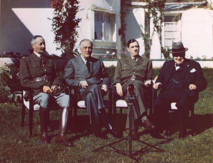 Portrait of, from left, French General Henri Giraud, American President Franklin Delano Roosevelt, French General Charles de Gaulle, and British Prime Minister Sir Winston Churchill during the Casablanca Conference where they planned Allied strategy for the European campaign in World War II.
