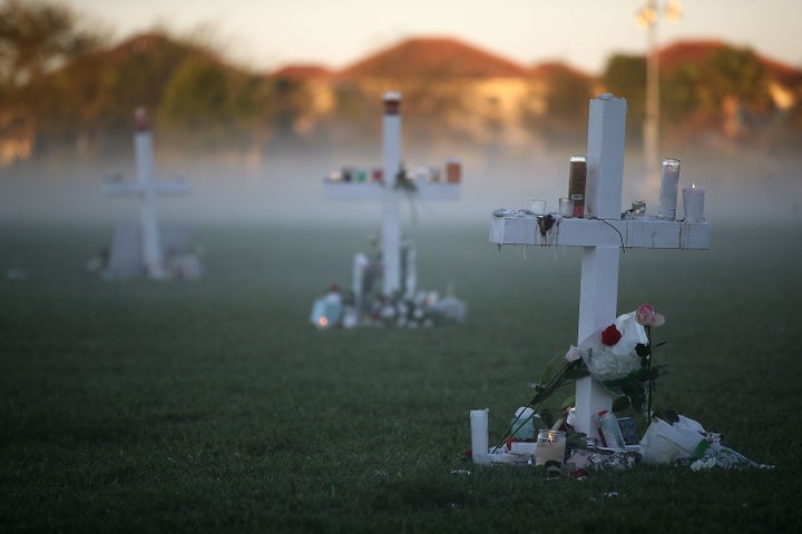 Crosses for victims of the mass shooting at Marjory Stoneman Douglas High School, in Parkland, Florida. 