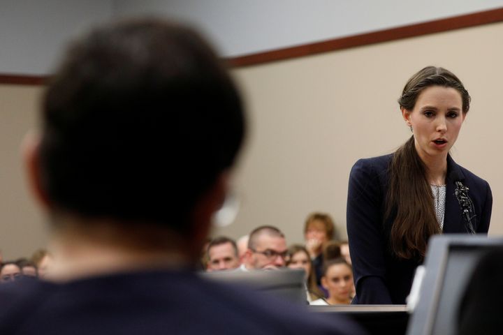 Rachael Denhollander speaks at the sentencing hearing for Larry Nassar in January 2018.