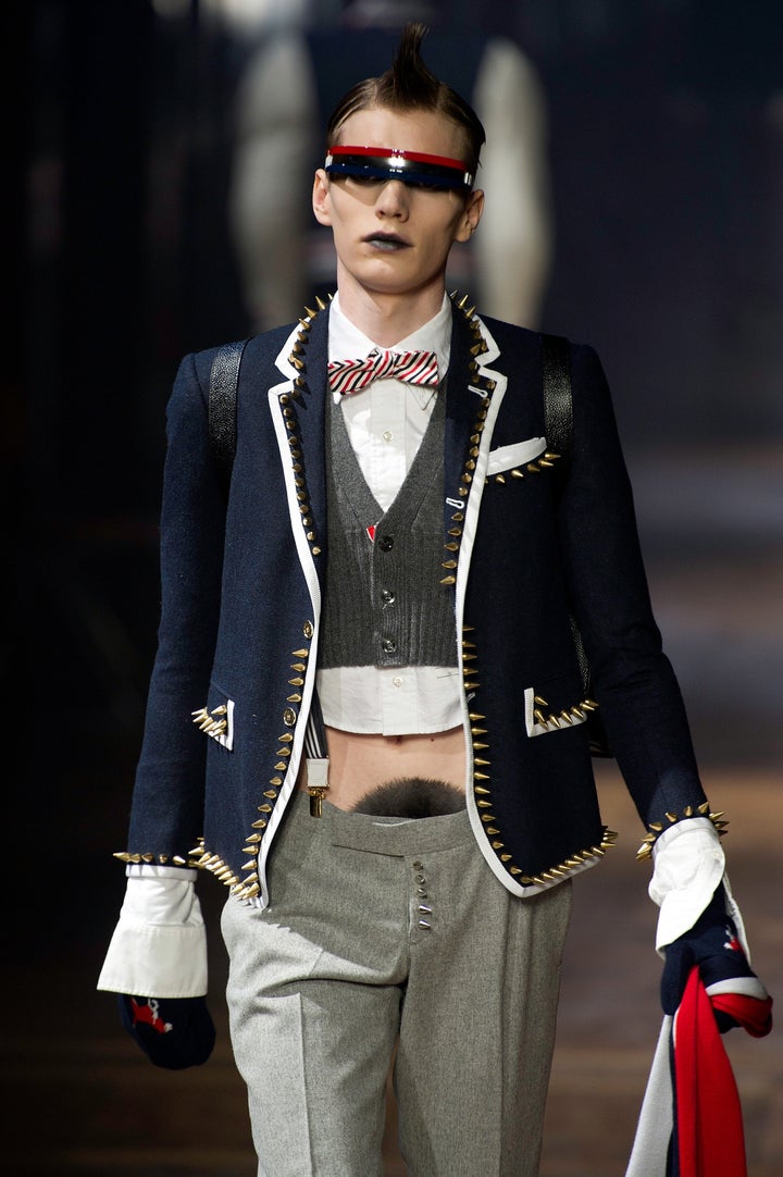 A model walks the runway during the Thom Browne Menswear Autumn/Winter 2013 show in January 2012.