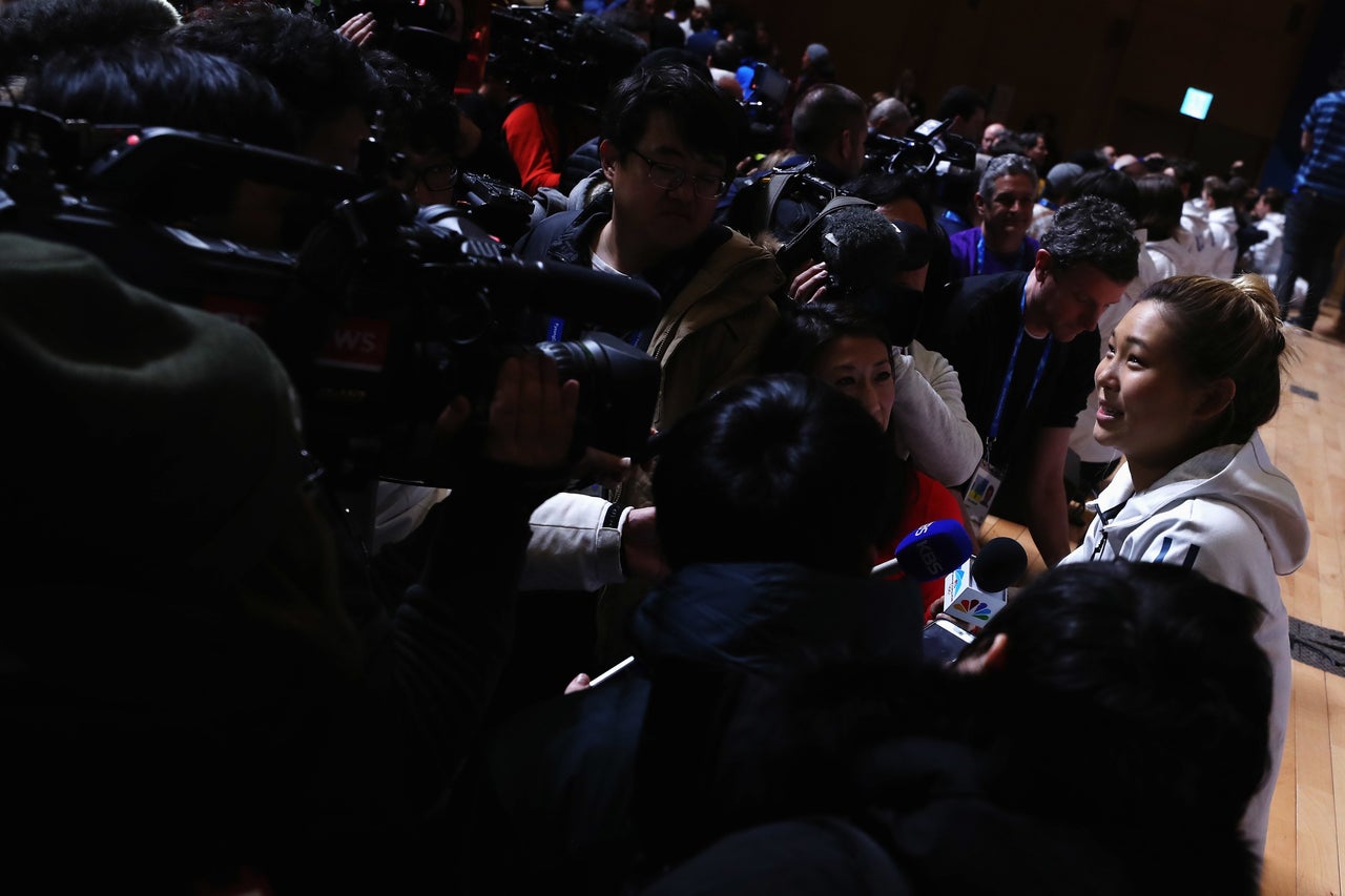 Chloe Kim speaks to reporters on Feb. 8, 2018 in Pyeongchang-gun, South Korea.