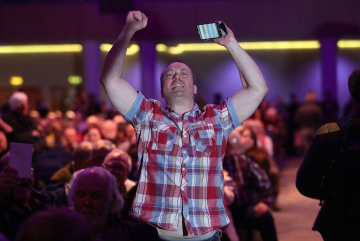 Ukip members celebrate after Henry Bolton lost the leadership of Ukip after party members backed a no confidence motion by 867 to 500 at an extraordinary general meeting at the Birmingham ICC.
