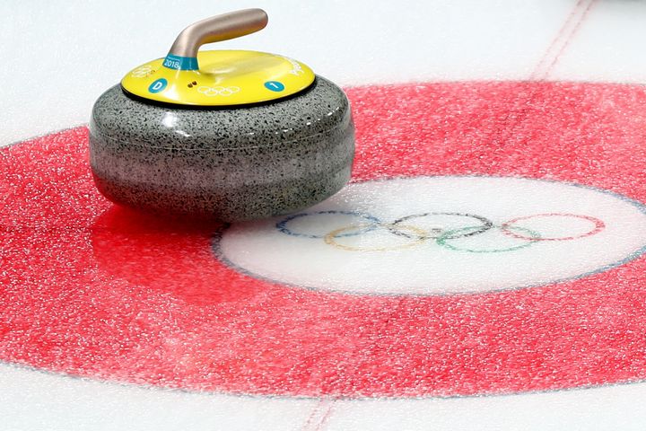 A detail of a stone during the Curling Women's Round Robin Session 4.