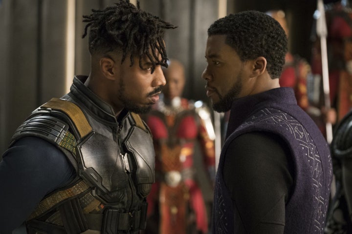 Erik Killmonger, played by Michael B. Jordan, stands opposite his rival King TChalla, played by Chadwick Boseman