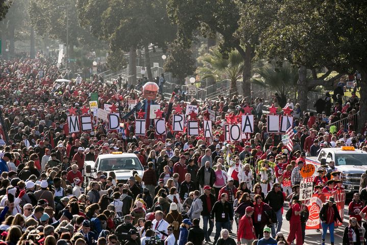 A "Medicare for All" march occurred after the conclusion of the 2018 Tournament of Roses Parade on Jan. 1, 2018 in Pasadena, California.