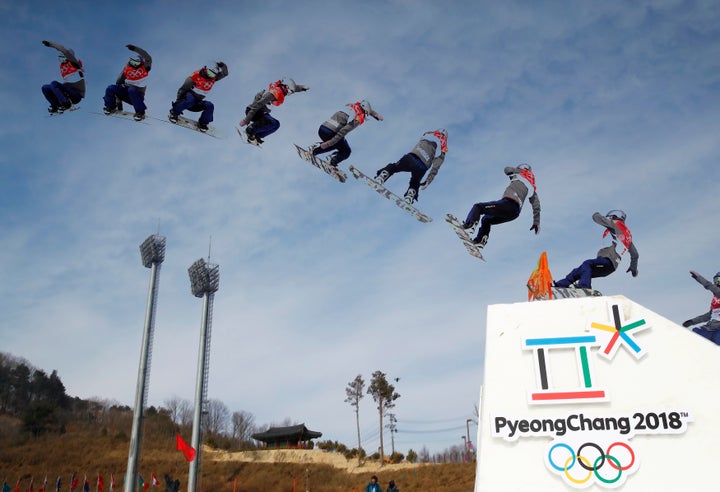 Cheryl Maas of the Netherlands competes in the snowboard big air competition at the 2018 Winter Games.