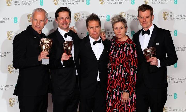  (From left) Martin McDonagh, Peter Czernin, Sam Rockwell, Frances McDormand and Graham Broadbent pose with their awards for "Three Billboards Outside Ebbing, Missouri."