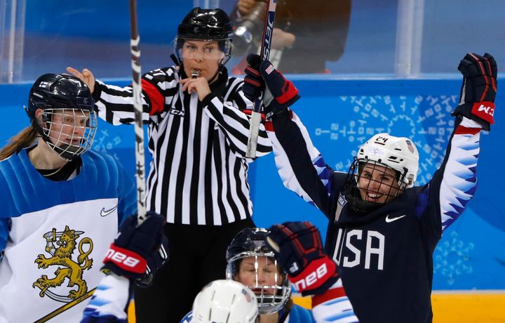 Danielle Cameranesi. right, of the U.S. celebrates scoring a goal against Finland during the women's ice hockey semifinal on February 19, 2018 at the Winter Olympics. She scored two goals against Finland.